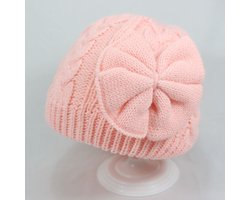 Baby wintermuts roze | Gebreid | Meisjes | met Strik | Geschikt van 6 maanden tot 3 jaar ongeveer | warm | met katoenen voering