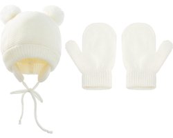 Baby Winterset 1-2 Jaar – Muts met Berenoortjes, Oorwarmers & Wanten – Met Voering – Wit – Acryl en Polyester
