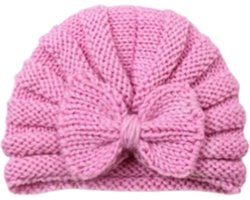 babymuts met strik - babymuts roze - babymuts winter - babymuts gebreid - kraamcadeau - baby hoofdaccessoires - baby wintermuts - baby - strik - Fiepp