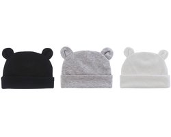 Babymutsjes Newborn Beervorm - 0-3 mnd - Zwart Wit Grijs - schattige oortjes - baby mutsje - katoen