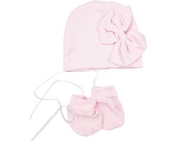 BamBella® Baby muts - 0 - 3 maanden pasgeboren winter mutsje met wanten handschoenen anti krab met strik Roze