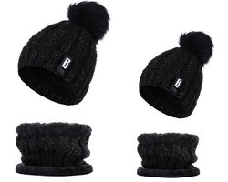 BB – Matching Moeder & Kind Winterset – Muts & Sjaal met Pompom – Zwart (1 t/m 3 jaar)