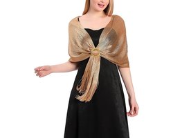 Brenzoos - Schuimwol stola sjaal voor dames met franjes - ceremonie avondjurk - glanzend metaal - clip - bruiloften feesten - goudkleurig