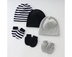 Crrynuo - Baby Newborn Muts - Nieuweborene Mutsen En Krabwantjes Set - Zwart-Wit Gestreept, Zwart, Grijs - Warm En Veilig - 3 set (bevat muts en krabwantje - 6-12 maanden, 0-6 maanden