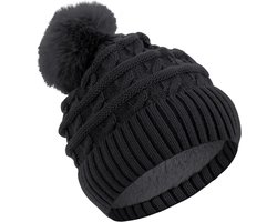 Dames Wintermuts met Fleece Voering en Nepbont Pompon Zwart One Size.