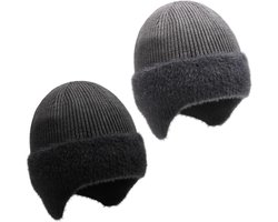 E-Ambar - Wintermuts met Oorflappen voor Heren en Dames - 2 Stuks - Warm Gebreid - Outdoor Activiteit - Zwart en Grijs