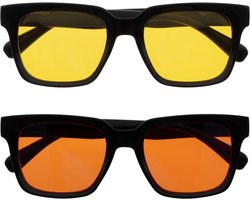 ERA Zonnebril – Gele/Oranje Lenzen – 2 Stuks – Ontspiegeld – gepolariseerde UV400 – oversized rechthoekig montuur – veerscharnieren – Zwart – heren dames
