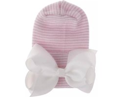 Geboortemuts / babymuts / ziekenhuismuts roze wit gestreept met witte strik - Extra dikke stof - 0 tot 1 maand