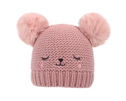 Gebreid Baby Mutsje met Pompons - Roze - Maat 46/52cm - 3/36 maanden - Beer Muts - Acryl