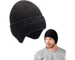 Gebreide beanie muts met oorkleppen voor mannen - warm en wollig met fleece voering