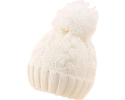 Gebreide wintermuts wit met kabels en pompom baby - gebreide witte muts met pompom baby - gebreide muts met kabels en pompom peuter - witte gebreide muts met pompom peuter