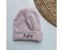 Het blije snoetje - Babymuts - met naam - gepersonaliseerd - geboortecadeau - kraamcadeau - eerste muts baby - 0-3 maanden - Oud roze