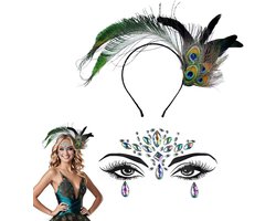Hoofdband met veer en strass voor vrouwen - feestelijke pauw accessoires met gezichtsdecoratie