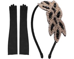 Hoofdbanden jaren 20 stijl dames - Flapperhoofdband zwart kristal - Lange handschoenen satijnen ellebooglengte - Bruiloft hoofdsieraad vrouwen.