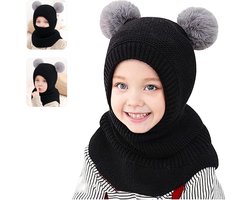 Kinderen Wintermuts Sjaals Oorkleppen 3 in 1, Winter gebreide mutsen, Jongens Meisjes Peutermuts Warme, muts voor leeftijd 1-5 1Stuks(Zwart)