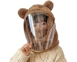 Kinderski-gezichtsmasker bivakmuts, unisex, schattige zachte fleece wintermuts met sjaal en winddicht gezichtsmasker - bruin