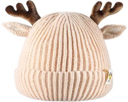 Kraftverdia - Winter Kindermutsen - Gebreide warme mutsen voor baby's - Zacht en warm - Geschikt voor zowel jongens als meisjes - Kinderkerstmuts met oren en rendiergewei - Cadeau - Beige