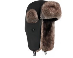 Kunstlederen Chapka-pet voor winterbescherming, trapperhoed met oorbeschermers voor skiën, fietsen, en schaatsen - Zwart