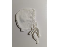 Mac Ilusion Baby basis mutsje | GB70|crudo / creme | 0-3 maand |maat 50-62 |ribbel gebreid met ajour rand| gebreide striklintjes
