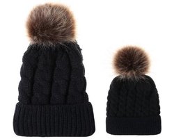 Matching ouder-baby wintermuts met pompom – zwart – twinning set voor moeder, vader en kind (3-24 maanden) - Kerstmutsen