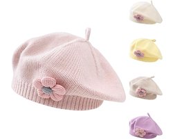 Meisjes baret winter warme muts peuter Franse gebreide muts baby schattige bloemen baret - roze