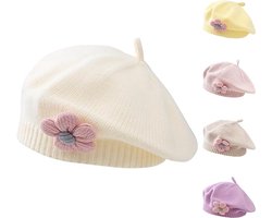 Meisjes baret winter warme muts peuter Franse gebreide muts baby schattige bloemen baret - wit