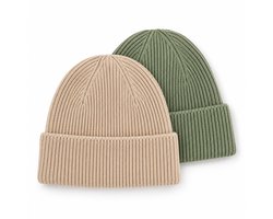 Milo & Mae Gebreide Wollen Babymutsen Duo Pak - Mintgroen en Beige - 100% Biologisch Katoen - One size