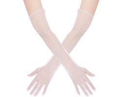 Parel Bruiloft Handschoenen, Elegante Tule Lange Bruidshandschoenen voor Bruiden - Wit - Trouwaccessoire Fijn Kant