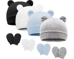 Pasgeboren Baby Muts en Handschoenen – Katoen Materiaal – Elastisch – Ademend – Veelzijdig – 0-6 Maanden – 4 Stuks – Multicolor