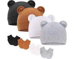 Pasgeboren babymutsjes en wantenset met berenoren, babymutsje zonder krassen, katoenen mutsjes, handschoenen en pasgeboren mutsjes voor jongens en meisjes.