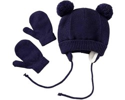 QTTVBTNA - Baby winterset - Baby warme muts en handschoenen - fleecevoering - bescherming tegen kou - Geschikt voor kinderen van 1-4 jaar - Marineblauw - 2-delig