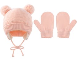 QTTVBTNA - Baby winterset - Baby warme muts en handschoenen - fleecevoering - bescherming tegen kou - Geschikt voor kinderen van 1-4 jaar - Roze - 2-delig