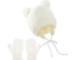 QTTVBTNA - Baby winterset - Baby warme muts en handschoenen - fleecevoering - bescherming tegen kou - Geschikt voor kinderen van 1-4 jaar - Wit - 2-delig