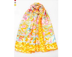 Satijnen sjaal | lente | voorjaar | vrolijke kleuren | chique | oranje | roze | blauw | omslag doek