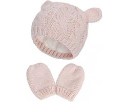 Set Baby Gebreide Muts en Wanten – Roze Beervorm – Katoenen Voering – Winterwarm Accessoire voor Pasgeboren Baby’s 3-6 Maanden – Maat M