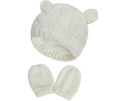 Set Baby Gebreide Muts met Katoenen Voering & Wanten – Wit – 3-6 Maanden (Maat M) – Warm en Schattig Wintersetje