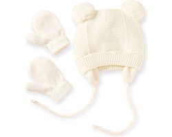 Set: Mutsje met Fleece Voering en Wantjes - Wit - Acryl / Fleece - Baby Muts - Baby Wantjes - Winter