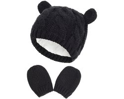Set van muts en handschoenen voor pasgeborenen - gebreide wintermutsen voor peuters -L-Zwart