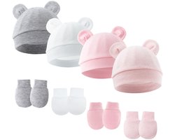 Set van vier mutsen en handschoenen voor pasgeborenen - Beschermende handschoenen voor baby's - Gebreide muts - Muts voor jongens - Geschikt voor peuters van 0-6 maanden - Maat muts: 15*14 cm - Maat handschoen: 10*7 cm - Stijl 2