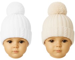 Soft Touch - 2 gebreide Baby Mutsen - Winter - Wit & Beige - Mt 0-6 mnd - 62/68
