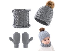 Stunq® 3-delige Set Baby Muts, Sjaal en Handschoenen voor Winter - Warme Gebreide Set voor Jongens en Meisjes 0-3 Jaar