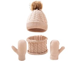 Ultiluxe® 3-delige winter set - Beige - Baby's tot 1 jaar - Muts met pom pom, wanten, sjaal - Muts met winter handschoenen en warme ronde sjaal - Sinterklaas, kerstcadeau - Winterset