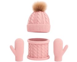 Ultiluxe® 3-delige winter set - Roze - Baby's tot 1 jaar - Muts met pom pom, wanten, sjaal - Muts met winter handschoenen en warme ronde sjaal - Sinterklaas, kerstcadeau - Winterset