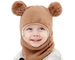 Warm knitted Bonnet sjarp Ensemble Bonnet, Balle in peluche Capquette en sjarp Masker Knitted, 3-in-1 Baby Kind Winter Hoodjes Masker voor Kinderen Jongens Meisjes 2-7 Jaar