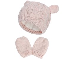 Warme baby muts - Gebreide Baby Muts (met katoenen voering) en Wanten - Baby Muts en Wanten Set voor Kinderen - Warme Gebreide Winteraccessoires - 3-6 Maanden (Maat M) - Roze