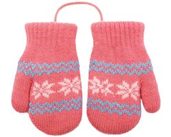 Warme en schattige gebreide kinderhandschoenen - Handschoenen met sneeuwvlokpatroon en nekkoord - Zachte en comfortabele wanten - Met anti-verliesbandje - Koudebestendige handschoenen voor kinderen in de herfst en winter - 0-2 jaar