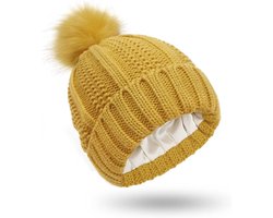 Winter Dames Beanie Muts met Stretch en Satijn Voering - Gebreid en Zijdezacht - Bescherm je Haar en Blijf Warm - Wintermuts met Kabelpatroon - One Size - Dames Accessoire
