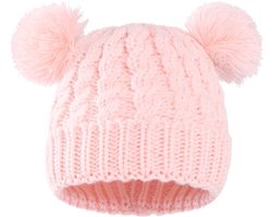 Wintermuts baby met pompoen roze - gebreide muts met pompom baby - wintermuts baby roze - gebreide muts met pompom peuter - wintermuts peuter roze
