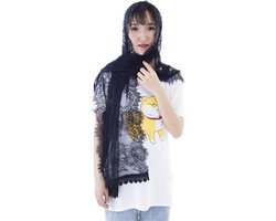 Zeynomax - Zwarte Vrouwen Kapel Sluier met Kant Bloemen - Sjaal Wrap voor Hoofdbedekking