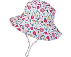 Zonnehoed voor meisjes, kinderhoed, emmerhoed, zomer, verstelbare hoed met brede rand, UV-bescherming UPF 50+, geschikt voor vakantie, reizen, buitenactiviteiten, roos, bloemen, 24 maanden